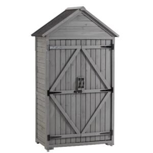 Wooden Outdoor Storage Cabinet with 3 Removable Shelves, Lockable Latch & Waterproof Roof